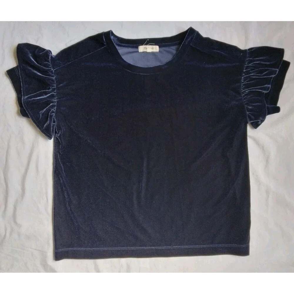 Madewell Blue Velvet Top Blouse Flutter Sleeve Fairy Goth Whimsy Women's Size XS - Picture 1 of 6